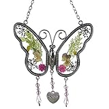 KOLIN Grandma Butterfly Suncatcher Gifts, Grandma Granny Birthday Gifts Presents from Grandson Granddaughter Real Flower Heart Charm Wind Chimes Window Ornaments