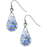 Jean Beau 925 Sterling Silver Pressed Flower Earrings for Women, Handmade Hypoallergenic Resin Dried Flower Teardrop Dangle Earrings, Nature Floral Jewelry Gift for Mom and Wife