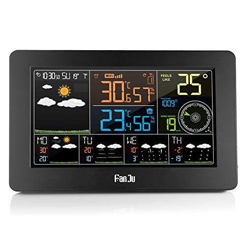 FanJu Color Wi-Fi Weather Station with APP Control/Smart Weather Monitor Clock with USB Charger Port/Indoor Outdoor Temperature and Humidity/Wind Speed/Digital Clock with Outdoor Sensor