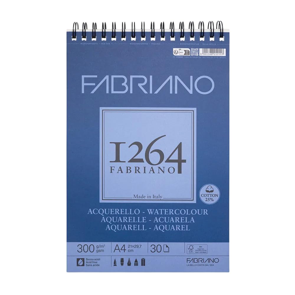 Honsell Fabriano Watercolour 19100649 Spiral Bound Sketch Pad 1264 300 g/m² DIN A4 30 Sheets Natural White Satin Paper with Medium Grain Acid for All Drying Techniques