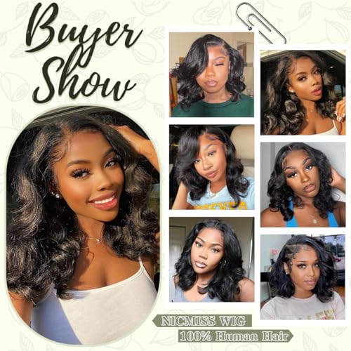Human Hair Wig Glueless Wear and Go 4x4 Pre Cut Lace Front Body Wave Wig Brazilian Straight Bob Pre Plucked Brazilian Natural Hairline for Women 180% Density 16 inch (40cm)