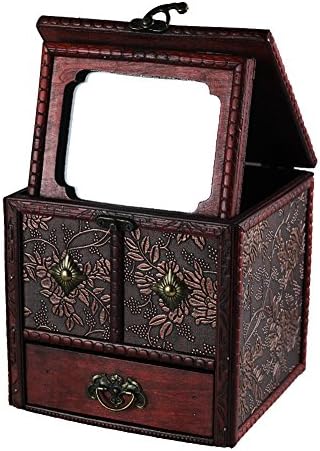 Raumeyun Retro Antique Flower Carved Wooden Jewelry Storage Box Cosmetic Organizer with Mirror
