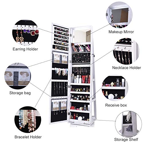 SDHYL Jewelry Storage with Mirror, 360° Rotating Jewelry Organizer Hanging, Full Length