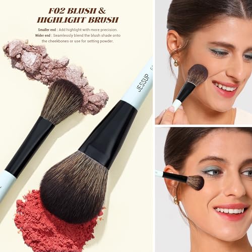 Jessup Makeup Brushes 5pcs, 3pcs Double Sided Face Makeup Brush Set, 2pcs Makeup Sponges, Premium Vegan Foundation Contour Blush Highlight Concealer Brush Gift Packaging T510