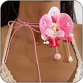 Bethynas Boho Orchid Flower Choker Necklace with Beads Pendant Artificial Floral Long Suede Rope Wrap Collar Necklace Hawaiian Beach Party Neck Accessory for Women