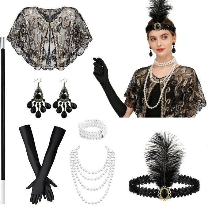 TOPBELIEF 7PCS 1920s Accessories for Women, Flapper Great Gatsby Costume, Roaring 20s Accessories, Ladies Charleston Fancy Dress Up for Halloween, Christmas, Carnival