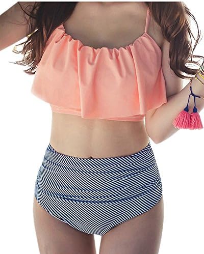 Emoyi Womens Thin Shoulder Straps Ruched High-waisted Bikini Swimsuit Set (X-Large(US 14-16))