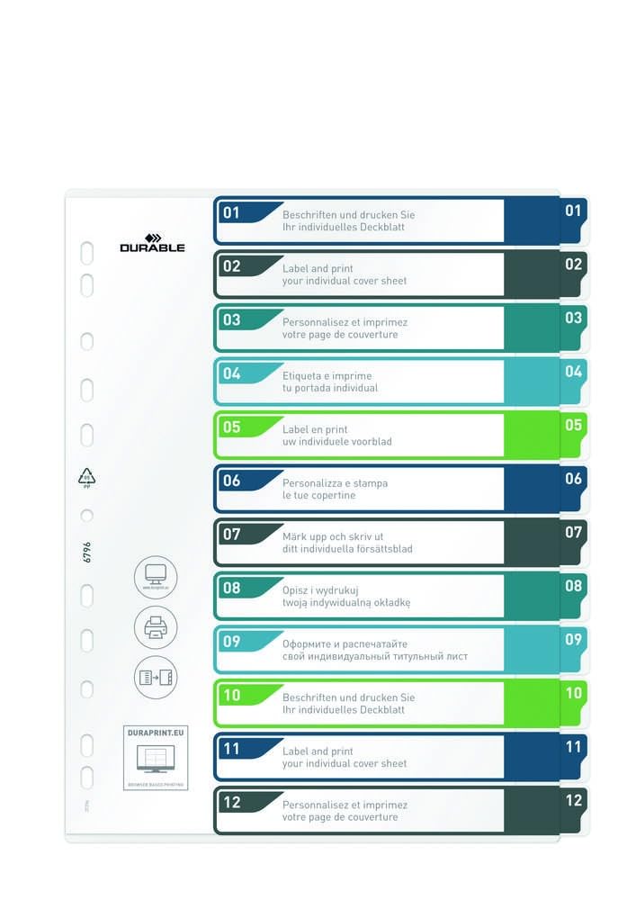 Durable Index Set 1-12 A4+ Portrait - Writable Index Organisation Sheet - 100% Recyclable - Perfect For Organising A4 Documents - Multicoloured