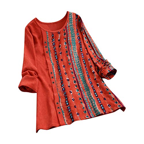 Lutos Women O-Neck Plus Size Vintage Corduroy Shirts Ethnic Print Patchwork Tops Loose Blouse Tunic=