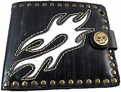 Men's Black Leather Bi-fold Wallet Engine Fire Biker Trucker Retro Skull Stub Men's Snap Wallet Purse (White)