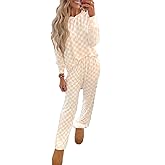 KevaMolly Womens Plaid Pajama Sets Checkered Print Long Sleeve Lace-up Loose Fit Lounge Set Long Sleeve Top and Pants