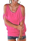 Ranphee Hot Pink Summer T Shirt Women Short Sleeve Cold Shoulder Loose Fit Pullover Casual Top