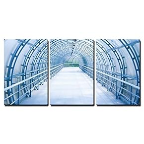 3 Piece Canvas Wall Art - Blue Glass Corridor in Office Centre - Modern Home Art Stretched and Framed Ready to Hang - 16"x24"x3 Panels
