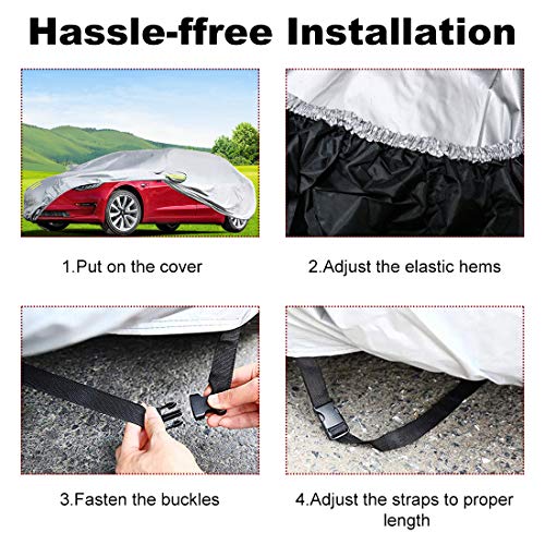 Teexpert Car Cover Waterproof All Weather Vehicle Cover for Tesla Model 3 or Universal 3 Layer UV Protection Breathable Dust Proof for Automobiles with Adjustable Buckle Strap Fits 186" to 193" - Thumbnail 5