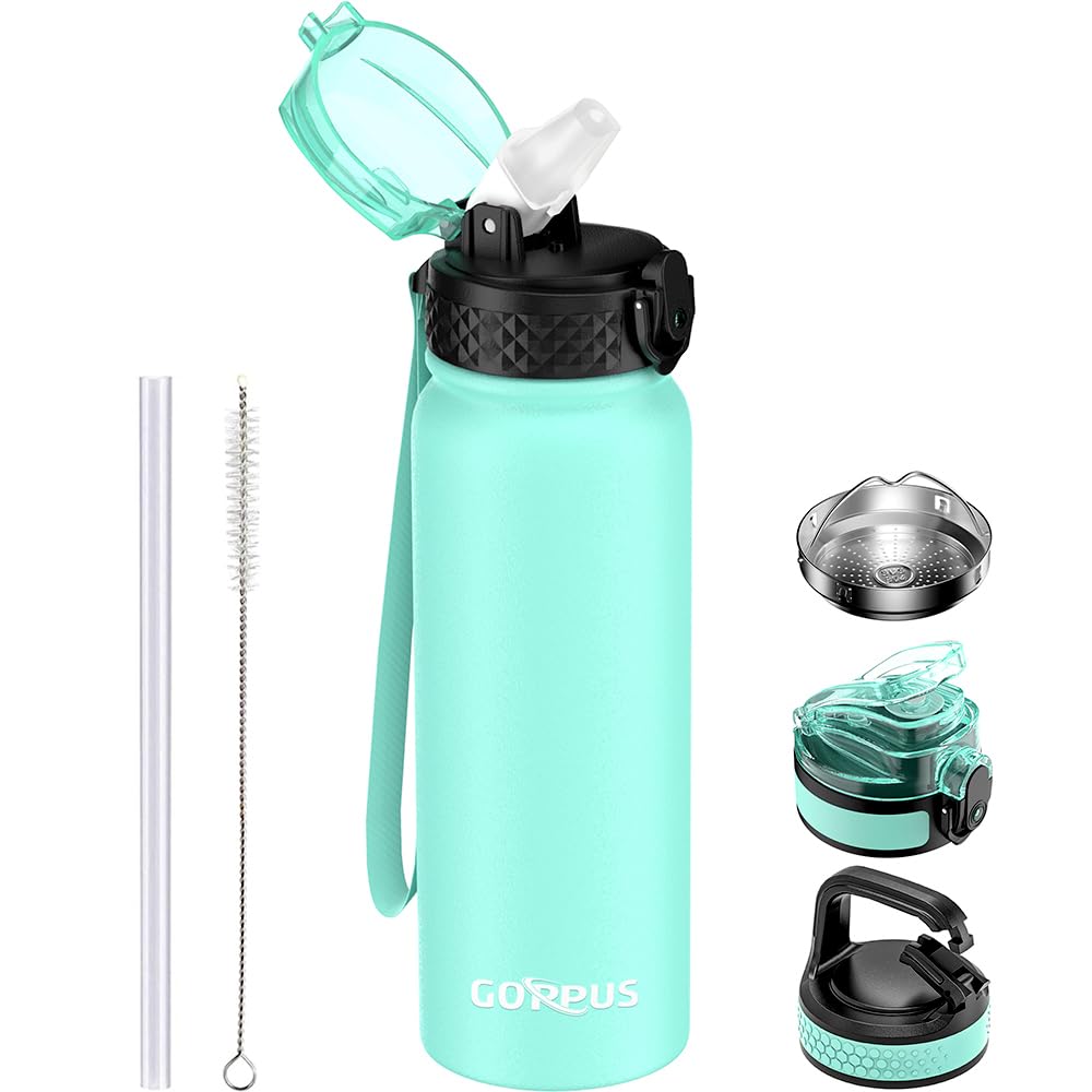 GOPPUS 600ml/20oz Stainless Water Bottle with Straw Double Wall Insulated Bottles with Strap One Hand Open Vacuum Thermal Flask Leakproof Keep Cold Bottles with Flip Top Lid BPA Free (Mint Green)