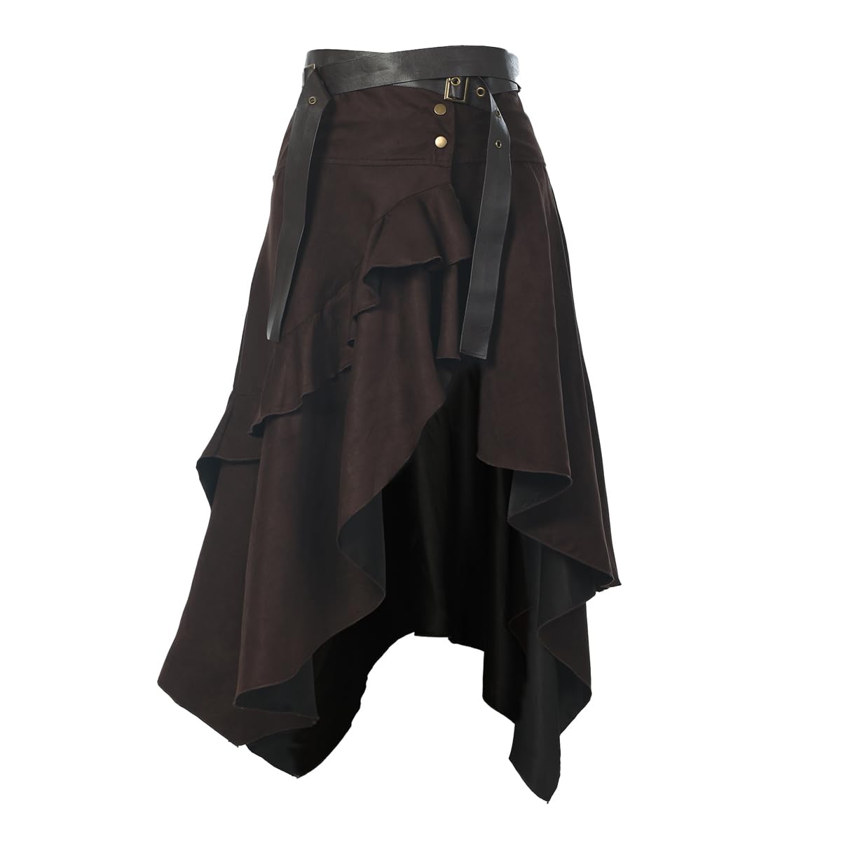 Vintage Suede Skirt for Women Gothic Punk Style Irregular Ruffled High Waist A-line Skirt with Belt Brown