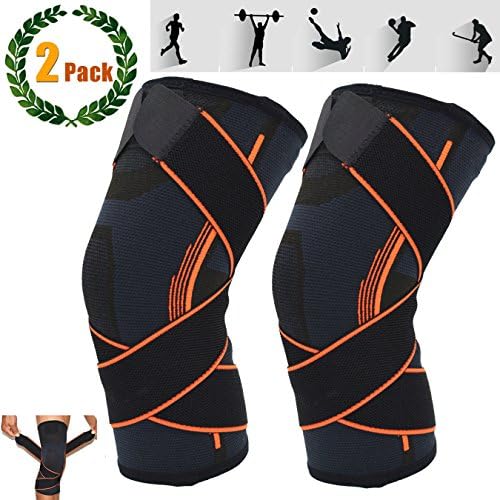 Knee Brace, Wellvo 2 Pcs Compression Knee Sleeve Wraps with Adjustable Strap for Pain Relief, Meniscus Tear, Arthritis, ACL, MCL, Quick Recovery - Knee Support for Running, Basketball, CrossFit(M)