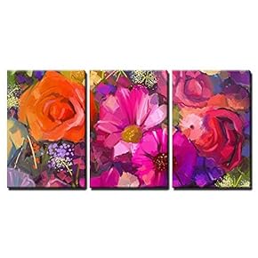 3 Piece Canvas Wall Art - Still Life of Yellow and Red Colour Flowers - Modern Home Art Stretched and Framed Ready to Hang - 16"x24"x3 Panels