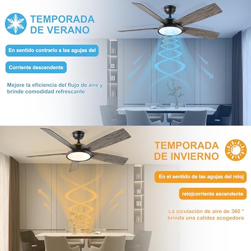 Ohniyou ventilador de techo con luces y mando a distancia, 6 velocidades, motor DC reversible, luz regulable, 52 pulgadas Negro ventilador de techo moderno luz para dormitorio patio oficina