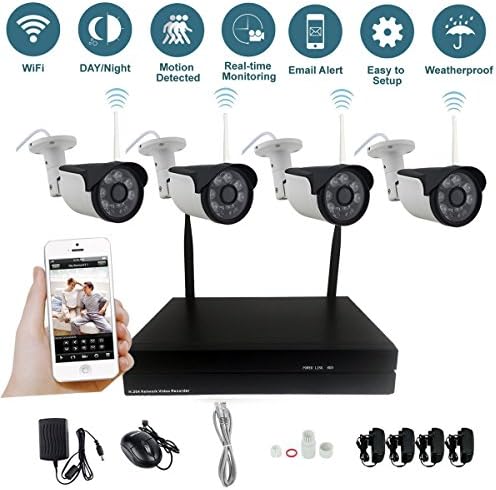 NETCAT 4CH Wireless NVR Kit Security Surveillance System 2TB HDD Storage with 4X WiFi HD 720P Megapixel IP Camera Waterproof 100ft (30m) Night Vision Support Smartphone Remote View