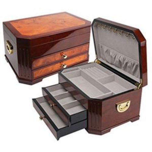 QUALITY IMPORTERS #JBQ-SA104 The Havana Jewelry Box - Heavily-lacquered, luxurious Rosewood finish, Extra large main compartment, 2 drawers for additional storage and 5 necklace hooks inside lid