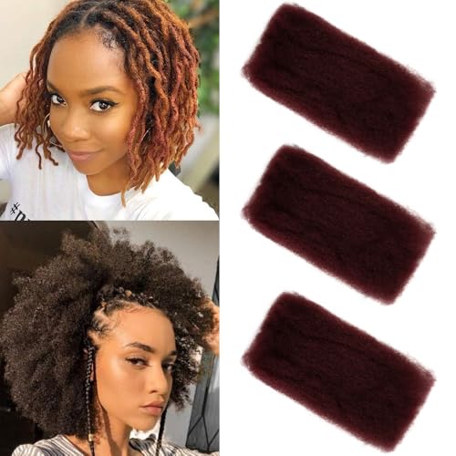 FASHION IDOL Afro Kinkys Bulk Human Hair for Dreadlock Extensions 10 Inches 3 Packs 150 Gram Wine Red Loc Repair Afro Kinky Braiding Human Hair for Locs 5.3 Oz Burgundy