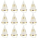 Party Hats - 12-Pack Cone Hats for Kids Birthday Party, Celebration Event - Party Accessories, Decorative Party Supplies, Gold Scalloped Trim, 6 x 8.7 x 6.2 Inches, Gold and White