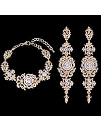 Mecresh - Juego de pendientes y pulseras para novia, plata y oro, con forma de flor, para mujer