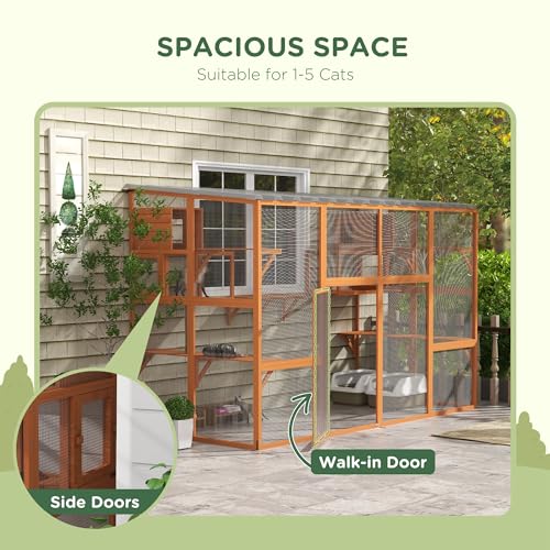 PawHut Catio Outdoor Cat Enclosure, 118" L Large Wooden Outdoor Cat House w/ 2 Condos, 7 Platforms, 2 Scratching Posts, Waterproof Roof, Walk-in Kitty Cage for 1–5 Kittens, Orange