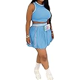 XYZDRESSOR Women Two Piece Tennis Skirt Set 2 Piece Outfits Color Block Crop Tops Pleated Skirt Sets Summer Golf Outfits