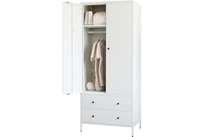 BESFUR Wardrobe Closet, Metal Armoires and Wardrobes with Two Drawers, Adjustable Hanging Rod, 20" D*31.5" W*74" H - White