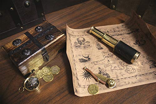 Pirate Treasure Chest Solid Wood With 6" Telescope Spyglass Brass Functional Compass, Bosun Whistle, Metal Coins, Treasure Map By Well Pack Box,