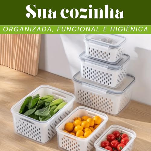 Kit 3 Potes Organizadores de Geladeira Hermético com Trava nas Tampas Borracha Isolante e Cesto de Escorrer Removível - Organizador de Frutas Legumes Saladas - Sem BPA - Qualidade Premium - Shop100