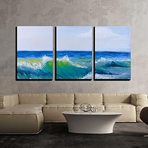 3 Piece Canvas Wall Art - Oil Painting of The Beautiful Sea Wave and Sky - Modern Home Art Stretched and Framed Ready to Hang - 16"x24"x3 Panels