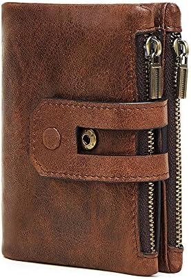 Men RFID Blocking Genuine Cowhide Leather Zip Wallet Vintage Trifold Wallet (coffee color)