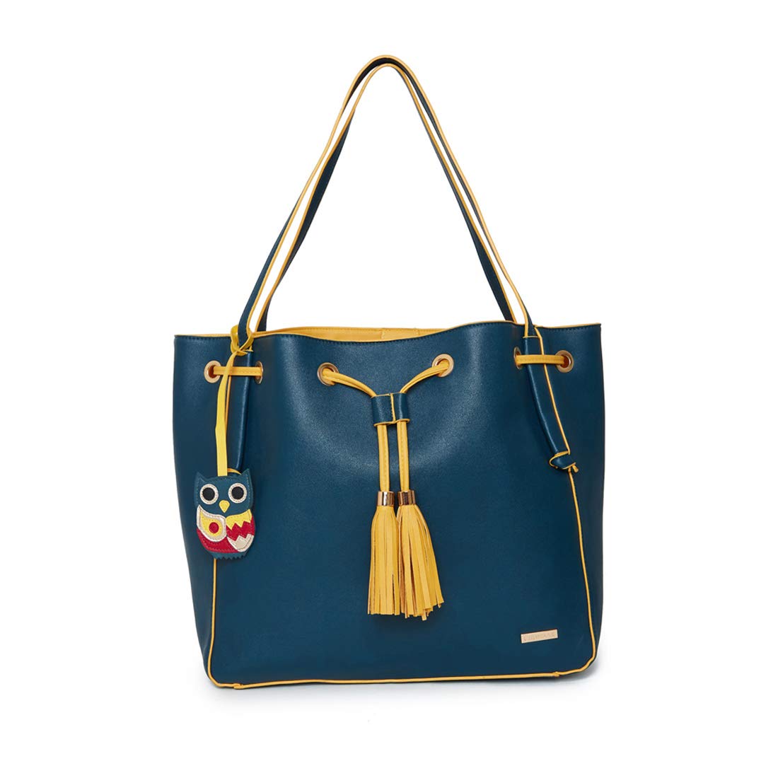 chumbak teal drawstring tassel tote bag
