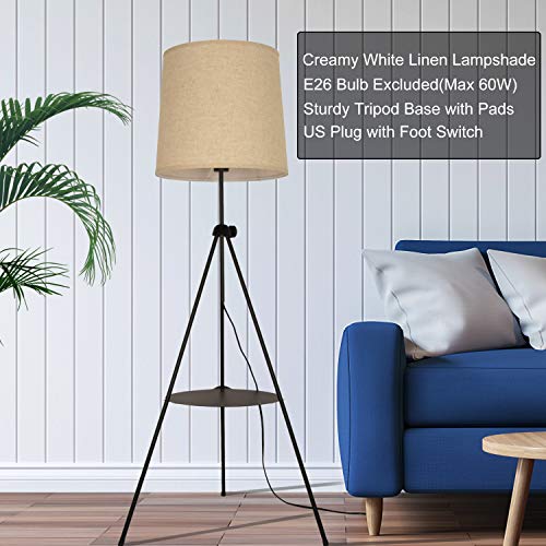 LUSTORM 1 Tripod Floor Lamp Black with Shelves Beige Linen Lampshade