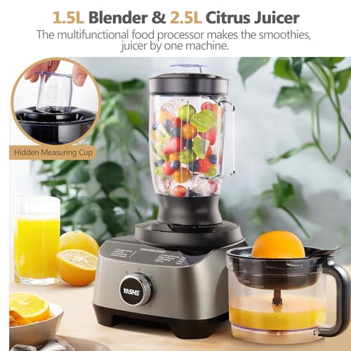 YASHE Multifunctional Food Processor, 2.5L Bowl & 1.5L Glass Blender, Mixer, Grinder, Juice Extractor, Kneader, Slicer & Grater, 3 Speeds + Pulse, Safety Lock