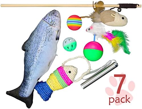Lovely Cat Toys Set of 7. Variety Interactive Kitten Toys with Cat Teaser Wand, Catnip Fish, Sisal Rope Weave Fish, Feather Mouse Interactive Teaser Ball, Colorful Soft Foam Rainbow Ball, Jingle Balls