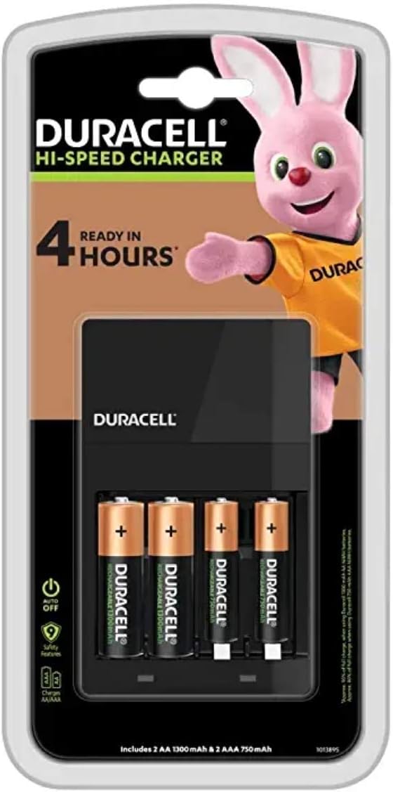 Duracell - Battery Charger with 2 AA and AAA batteries - 4 hours charge (packaging may vary), Black, 4 Count (Pack of 1)