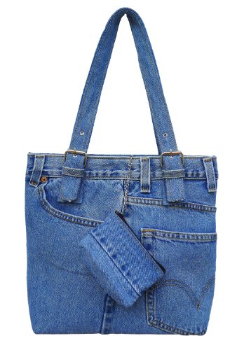 Upcycling Blue Denim Jeans Punk Silver-tone Rivet Studded Buckle Belt Decorative Barrel Shoulder Handle Handbag Purse