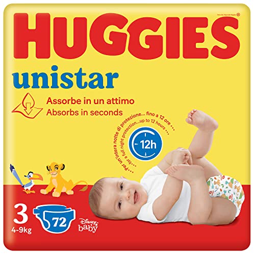 Huggies Unistar Diapers, Size 3 (4-8 kg), Pack of 72 Nappies