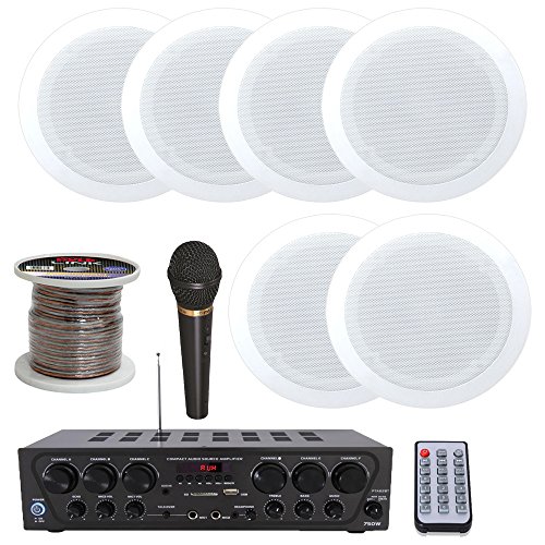 Lectronify 2-Ch. Bluetooth Home Audio Amplifier, (6) 5.25″ 2-Way in-Wall/in-Ceiling Dual 2-Way Speakers, Unidirectional Handheld Dynamic Microphone and 250 ft. Speaker Wire