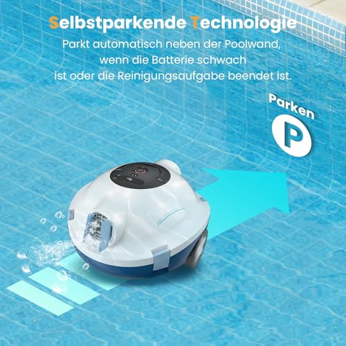 Bocxi Pool Robot, Wireless Pool Vacuum, Cordless Robot Pool Cleaner, Automatic, Powerful Pool Vacuum, 120 Minutes Running Time, Self-Parking, Ideal for Flat Floors up to 100 m² (White)