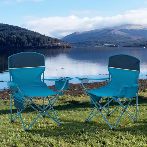 HIGH POINT SPORTS Folding Camping Chair, Set of 2, Up to 102 kg, Outdoor Folding Chairs, Camping Chairs, Fishing Chairs with Armrests (Blue)