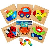 Wooden Jigsaw Puzzles for Toddlers - Jaolex Animal Vehicle Pattern Puzzles Shape Block for 1 2 3 Years Old Toddlers Educational Toys With a Wood Twisting Caterpillar Worm [ 7 Pack]