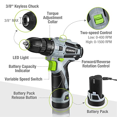 WORKPRO 12V Cordless Drill Driver and Home Tool Kit, Hand Tool Set for