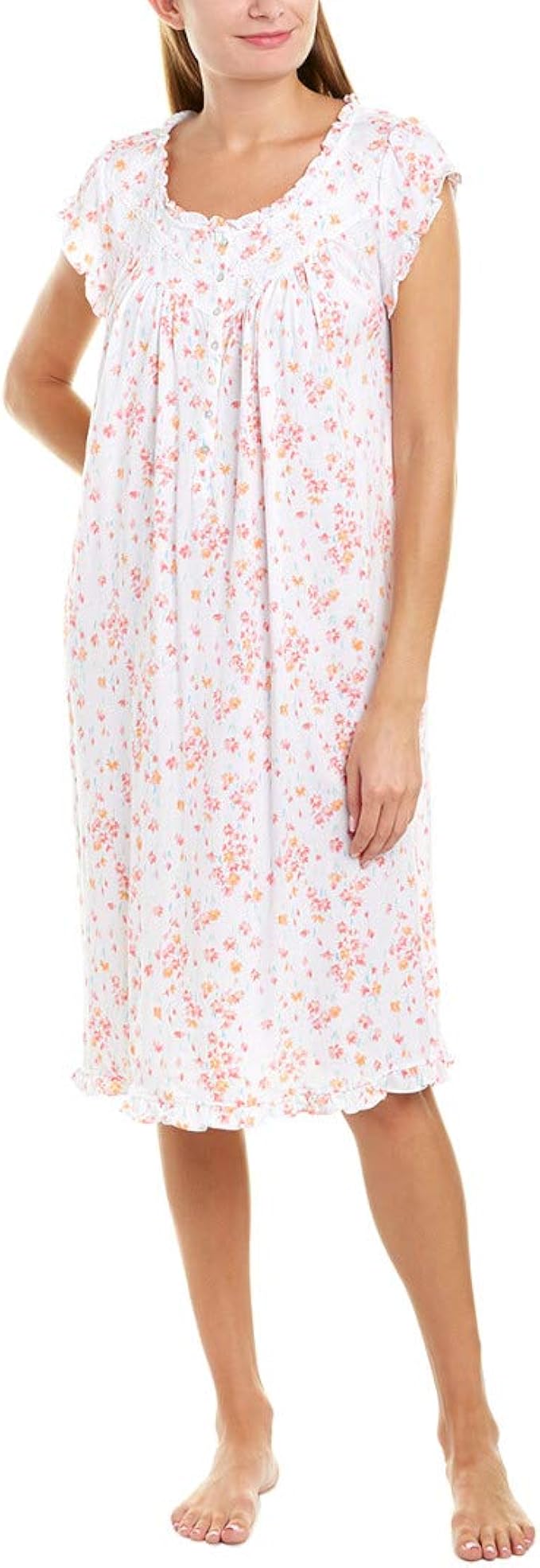 Eileen West Cotton Knit Cap Sleeve Nightgown in Sugar Daisy (White/Peach/Pink, Small) at Amazon