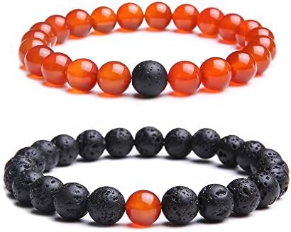 Jade cabbage Black Lava &amp; Red Agate Matching Set 8mm Beads Bracelet for Lovers-2pcs (Stretch)