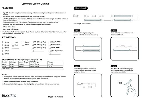 1 Pack LED Under Cabinet Lighting Dimmable Warm White, 5W 300LM CRI90, All Accessories Included - Thumbnail 6